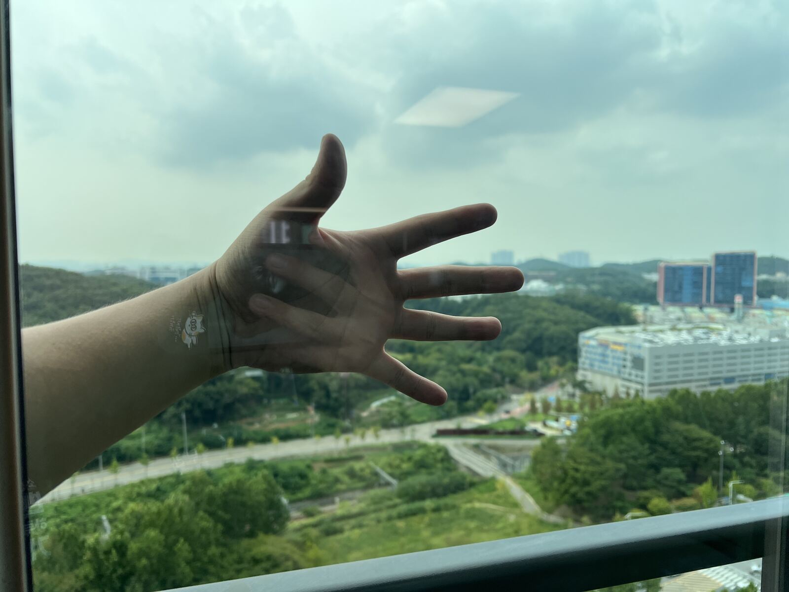 유리창정기청소 완료 후 투명해진 유리 너머로 손이 선명하게 보이는 모습